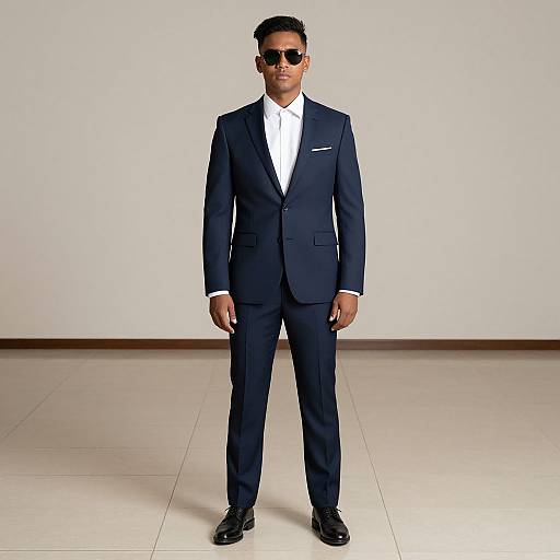 Photograph of a Black man in a dark navy suit, white shirt, black shoes, and sunglasses, standing against a plain white background.