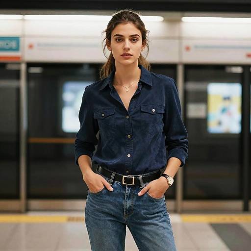 Young Woman in Casual Navy Shirt at Subway Station