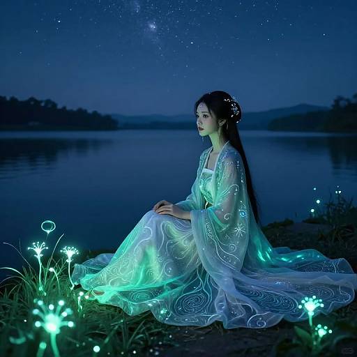 Digital artwork: Ethereal woman in glowing, bioluminescent dress sits by night lake, surrounded by glowing flowers under starry sky.