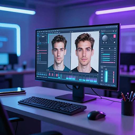Photograph of a modern workstation with a computer monitor displaying dual male portraits, blue and purple neon lights, keyboard, and mouse.