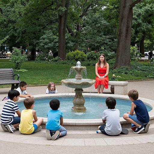 Children Around Fountain in Serene Park