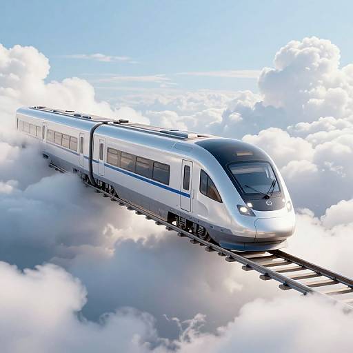 Photograph-style digital illustration of a sleek, silver high-speed train with blue accents, floating above fluffy white clouds on a railway track, under a bright