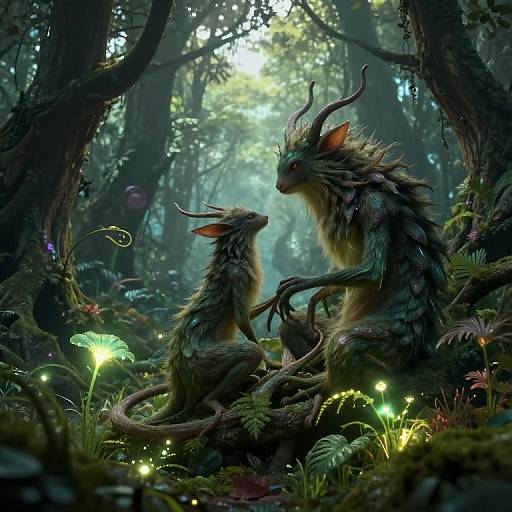 Digital fantasy artwork of a mystical forest with a horned, furry, dragon-like creature and its smaller kin, illuminated by glowing mushrooms.