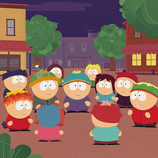 Cartoon-style image of nine chibi characters with large heads, various colorful clothes, and hats, standing in a night-time town square.
