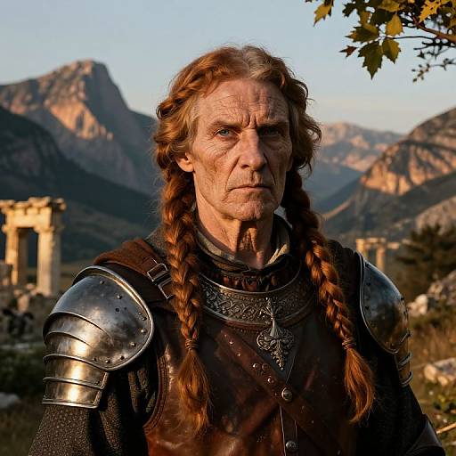Photograph of an elderly, stern-faced man with long, braided red hair, wearing medieval armor, standing in a sunlit mountainous landscape with