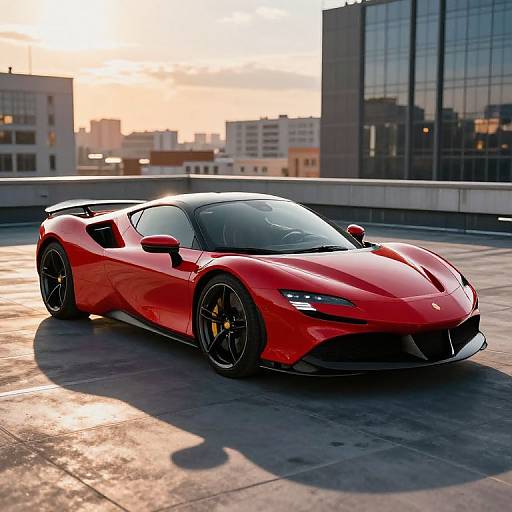 Photograph of a sleek, red Lamborghini Huracán on a rooftop at sunset, with urban buildings reflected in the background.
