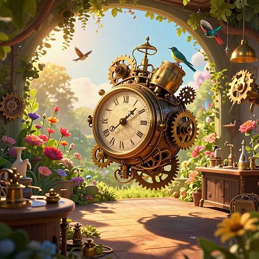 Whimsical, sunlit garden room with floating vintage clock, colorful flowers, hanging gears, birds, and warm wooden furniture, creating a magical,