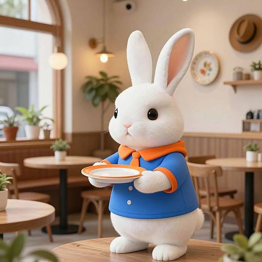 CGI image of a white anthropomorphic rabbit in a blue shirt with orange collar, holding an orange plate, standing in a cozy, sunlit café
