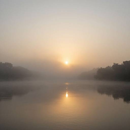 Photograph of a serene misty sunrise over a calm river, with the sun's golden reflection shimmering on the water's surface.