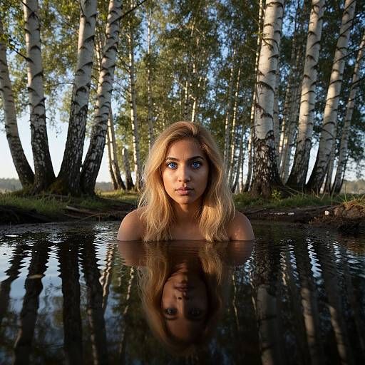 Photograph of a blonde woman with blue eyes, emerging from a reflective forest pond, surrounded by birch trees at sunset.