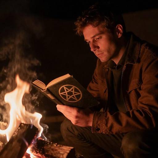 Man Reading Pentagram Book by Campfire