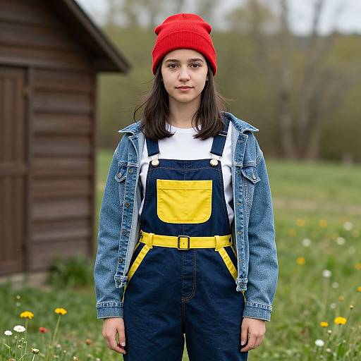 Photograph of a young woman with fair skin, brown hair, wearing a red beanie, denim jacket, white shirt, and yellow-and-blue over