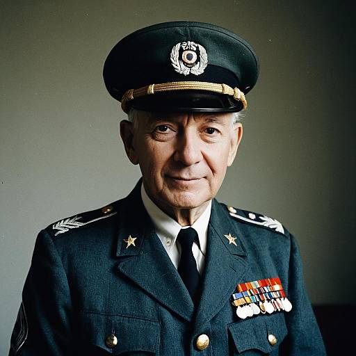 Photograph of an elderly white male military officer in a dark navy uniform with gold accents, medals, and peaked cap, standing against a plain gray background