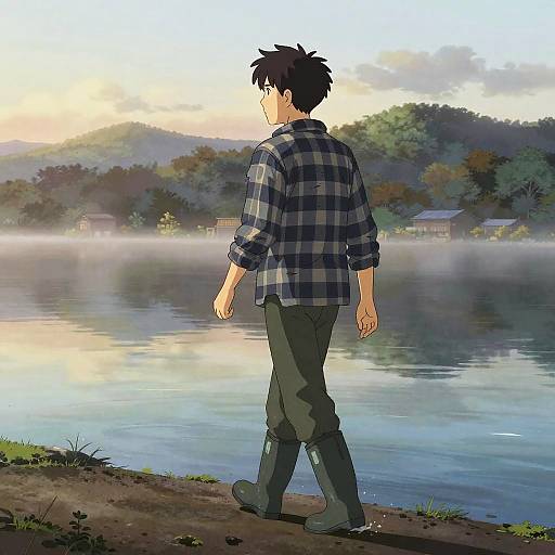 Anime-style drawing of a young man with black hair, wearing a blue plaid shirt, green pants, and boots, walking by a misty lake