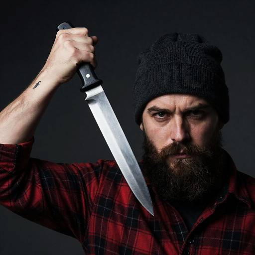 Intense Portrait of Bearded Man with Knife