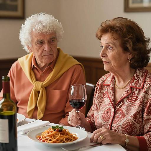 Elderly Couple Dining with Spaghetti