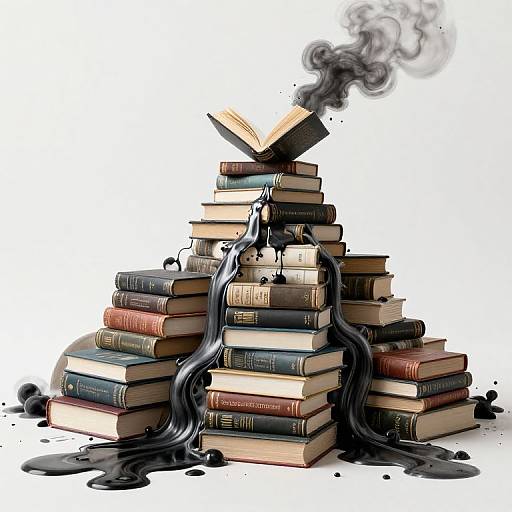 Stacked books with black ink flowing from them, an open book at the top emitting smoke, white background. Digital illustration.