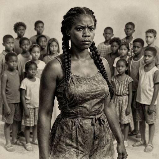 Black-and-white photograph of a serious, dark-skinned African woman with braided hair, wearing a sleeveless, checkered dress, standing in front