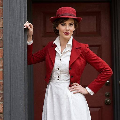 Vintage-style photograph of a woman in a red hat and coat, white dress, standing in a doorway, hand on hip.