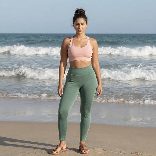 Photograph of a fit, dark-skinned woman with black hair in a bun, wearing a pink sports bra and green leggings, standing on a beach