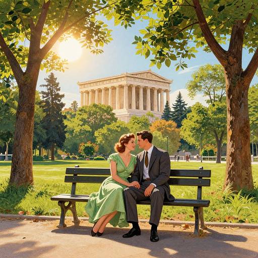 Photograph of a romantic couple, man in a black suit, woman in a green dress, sitting on a bench in a sunny park with a ne