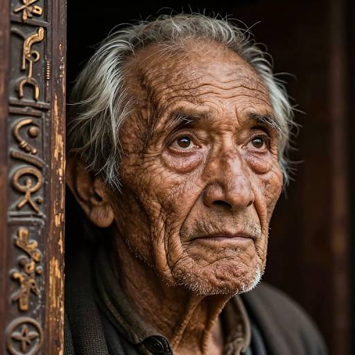 Photograph of an elderly man with deep wrinkles, gray hair, and intense eyes, standing in a doorway with Hebrew text. His weathered face con
