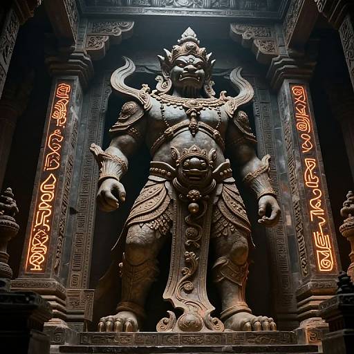 Photograph of a towering, intricately carved, armored lion deity statue in a dark, ornate temple with glowing orange runes on both sides.