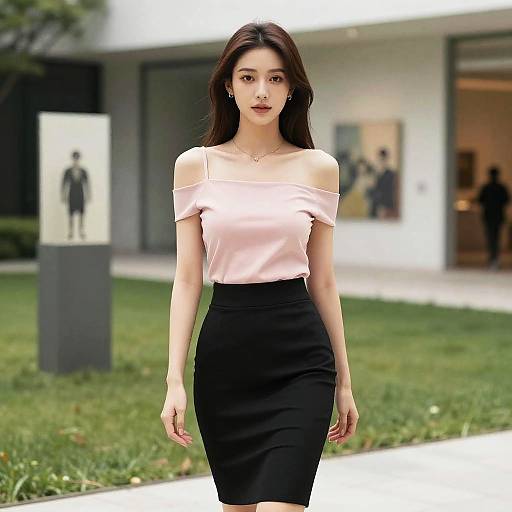 Chic Woman in Art Gallery Garden