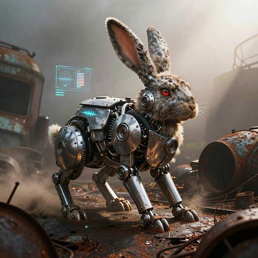 Photorealistic CGI of a robotic rabbit with red eyes, metallic legs, and fur, standing amidst a rusted, industrial, foggy background.