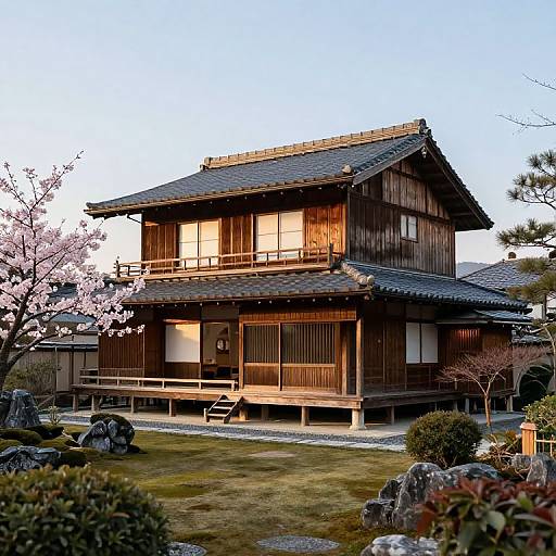 Photograph of a traditional Japanese wooden two-story house with a tiled roof, surrounded by a serene garden with cherry blossoms, rocks, and greenery