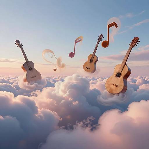 Photograph of four acoustic guitars floating above a sea of pink and white clouds, with musical notes surrounding them, under a clear blue sky at sunset.