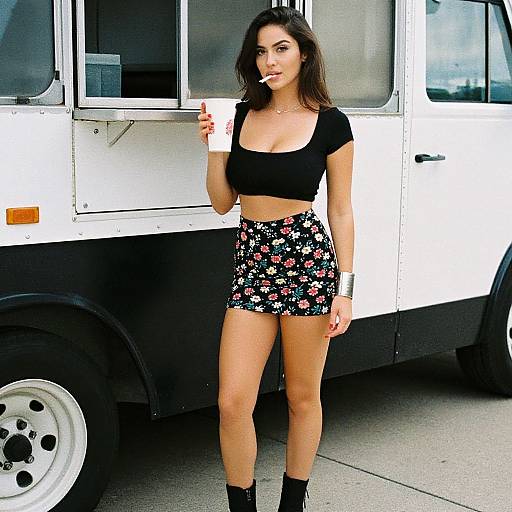 Photograph of a young woman with dark brown hair, wearing a black crop top, floral mini skirt, and black ankle boots, standing in front of