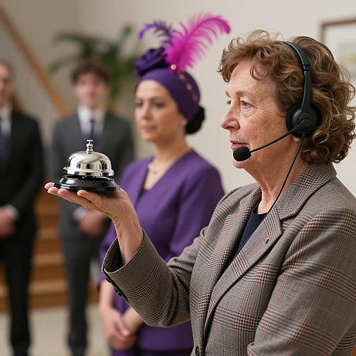 Focused Woman with Serving Bell in Scene