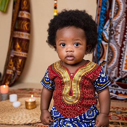 Photograph of a young African child with dark skin and curly black hair, wearing a red and blue patterned outfit with gold embroidery, standing in a