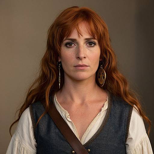 Photograph of a pale-skinned woman with long, wavy red hair, wearing a white blouse and blue vest, with brown shoulder strap and large