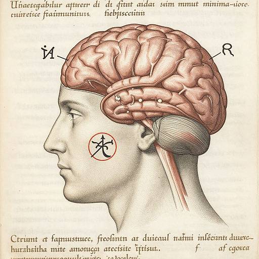 Illustrated side profile of a human head showing brain anatomy with labels and an acupuncture point marked. Text in French.