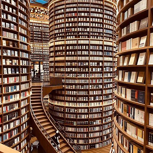 Photograph of a towering, spiral library with numerous shelves of books, narrow wooden stairs winding through the center, and bright natural light filtering through the top