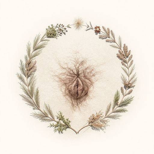 Detailed botanical illustration of a vulva framed by a circular wreath of pine needles, small flowers, and greenery on a white background.