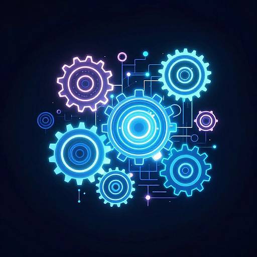 Digital artwork of glowing blue and purple neon gears with circular outlines on a dark blue background, interconnected by thin lines.