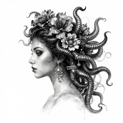 Digital black-and-white drawing of a woman with intricate, curly tentacle-like hair adorned with flowers and ornate jewelry, in profile view.