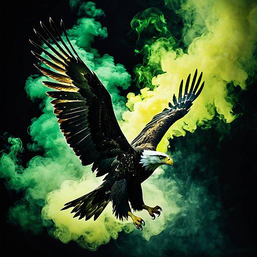 Soaring eagle with vibrant green and yellow smoke