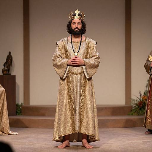 Photograph of a bearded man with curly hair, wearing a gold regal robe and crown, standing barefoot on a stage.