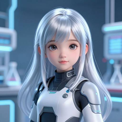 CGI image of a young, anime-style girl with silver hair, large blue eyes, and a white and black futuristic armor suit, standing in a