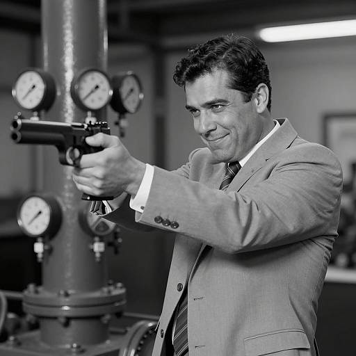 Industrial Man Aiming Gun in B&W