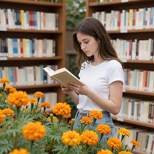 Young woman with long brown hair, wearing white shirt and blue jeans, reads book amidst vibrant orange marigolds in front of bookshelves. Photograph