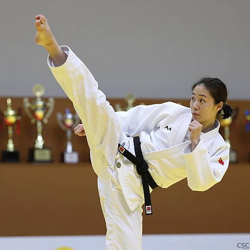 Asian Woman Performing High Kick in Judo Gi