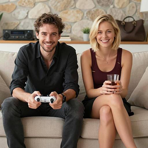 Couple Enjoying Gaming Together on Couch