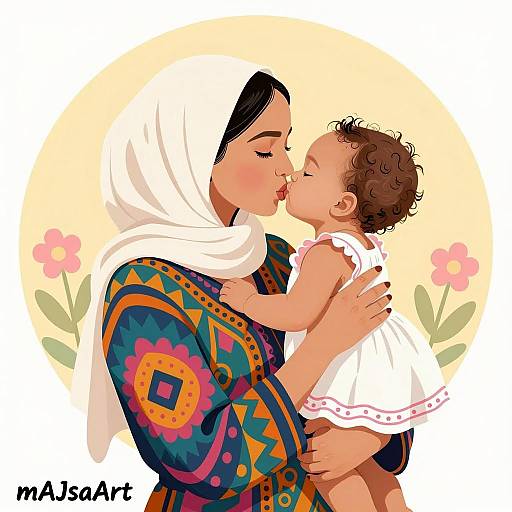 Heartwarming Mother-Baby Kissing Illustration