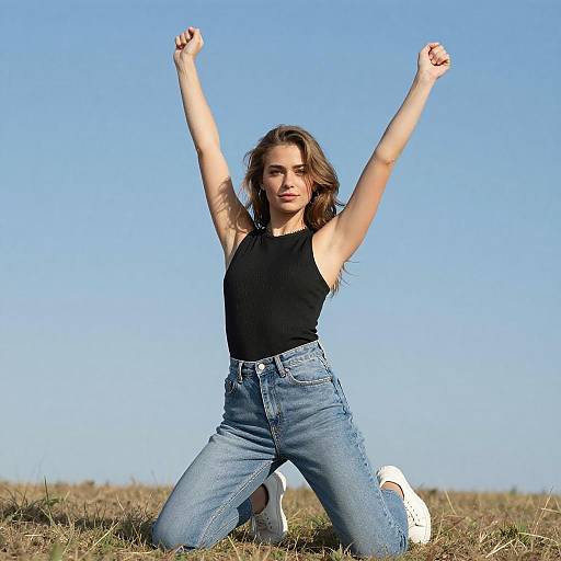 Confident Woman Triumphant on Dry Grass