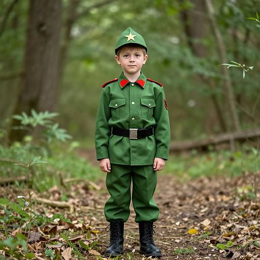 Photograph of a young boy in a green military-style uniform with a star on his cap, standing on a forest path.